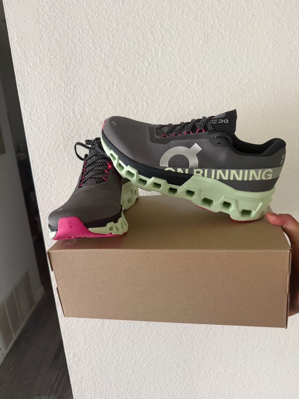 On Running Men’s Gray & Mint Green Athletic Running Shoes with Pink Accents